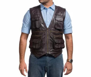 Jurassic World Chris Pratt Brown Leather Utility Vest Front