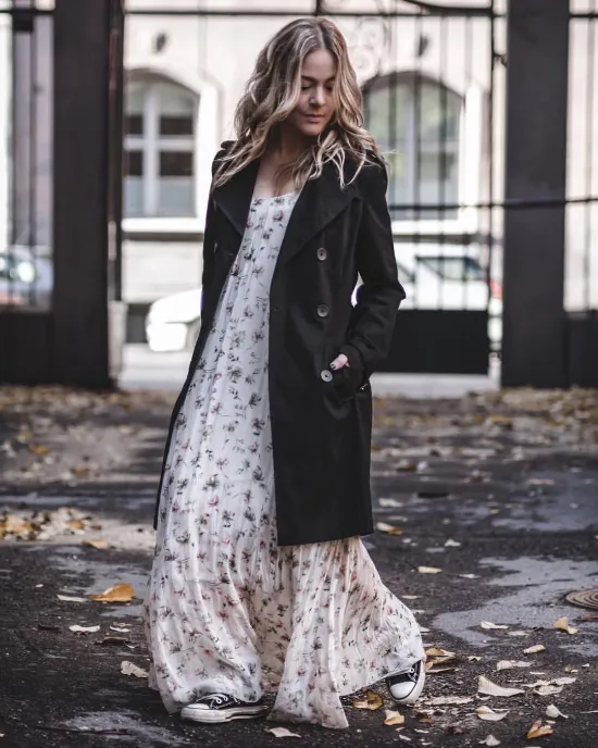long dress with trench coat