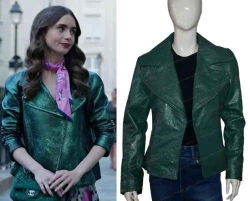 Emily in Paris Green Jacket in Shining Leather from S01 Episode 04