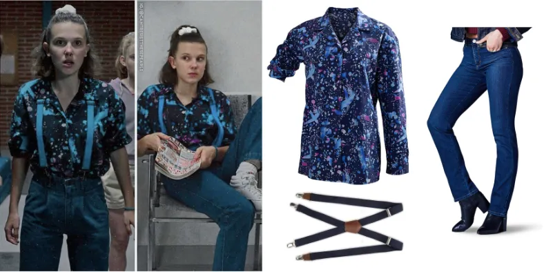 Eleven Stranger Things Season 3 Retro Dress with Blue Jeans and Suspenders
