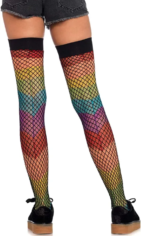 Womens Rainbow Fishnet Thigh Highs
