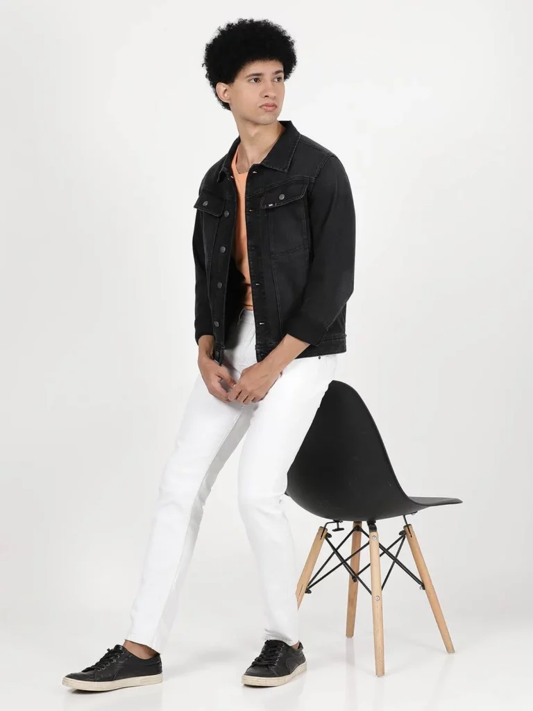 black denim jacket with white pants