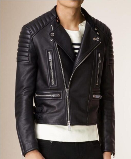 Mens Asymmetrical Leather Padded Shoulders Biker Jacket