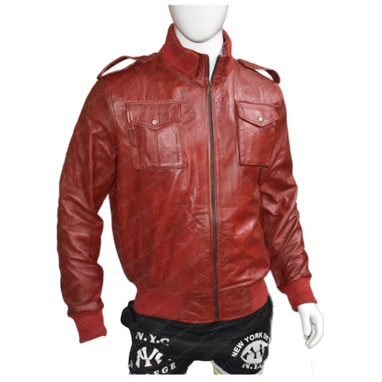 Mens Blood Red Leather Double Pockets Bomber Jacket