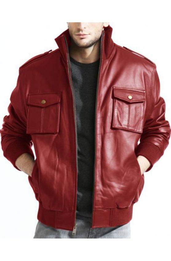Verbazingwekkend Mens Blood Red Leather Double Pockets Bomber Jacket YZ-98