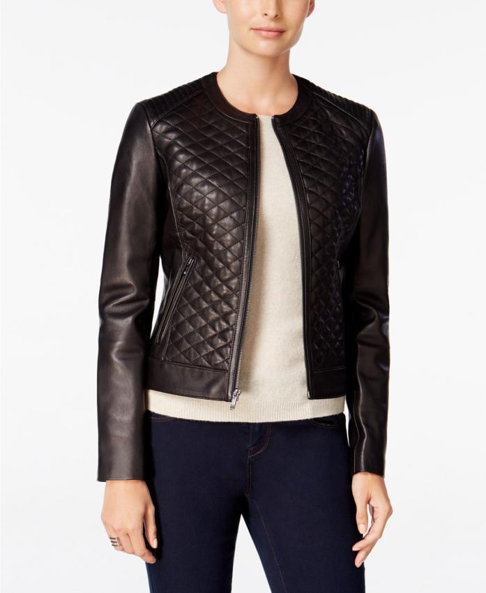 Womens Quilted Beige Black Leather Jacket Pocket Collarless Cropped New Blazer 