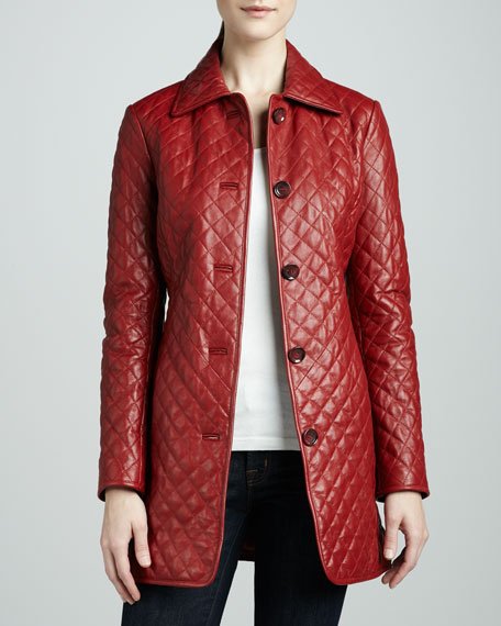 Classic Style Leather Qulited Red Coat For Womens