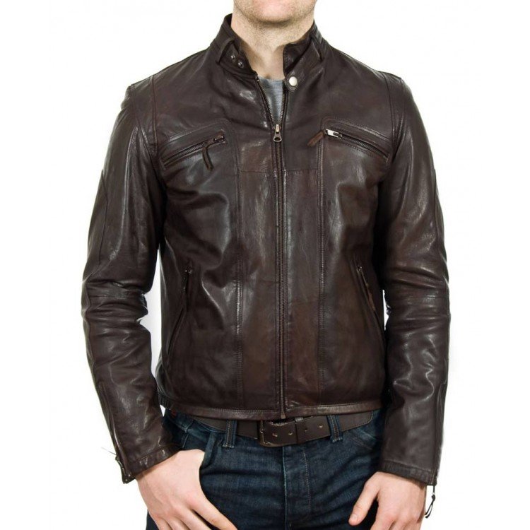 Men's Motorcycle Snap Tab Collar Brown Leather Jacket