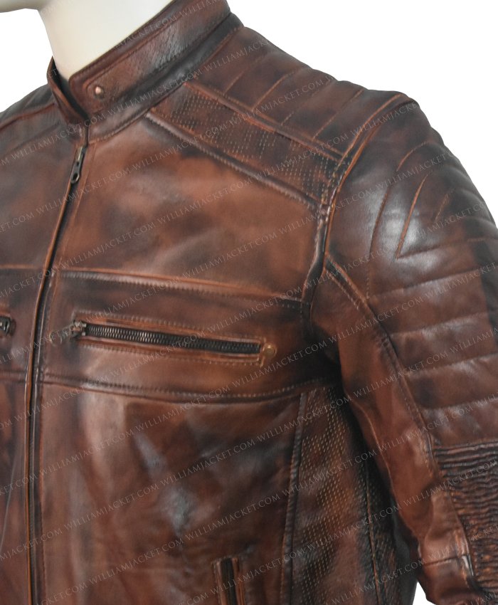 Mens Biker Vintage Distressed Brown Racer Leather Jacket 