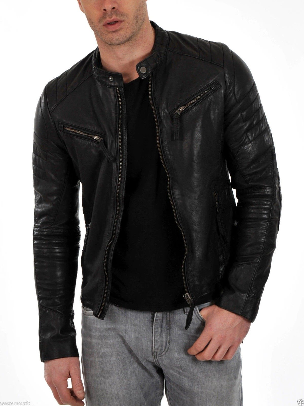 Seek Comfort Mens Black Genuine Real Lambskin Leather Bomber Biker Moto Jacket