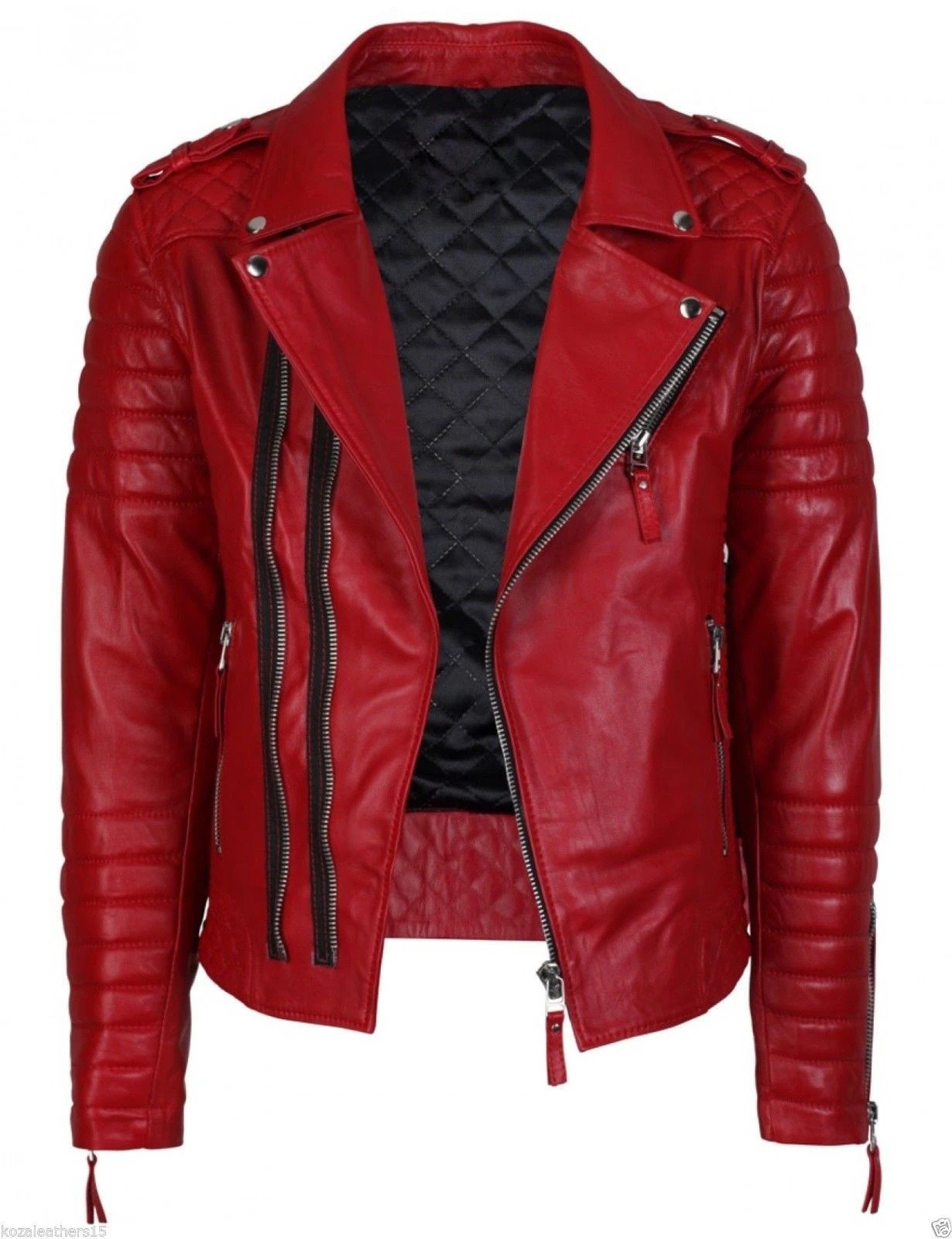 Mens Fashion Red Lining Biker Leather Jacket