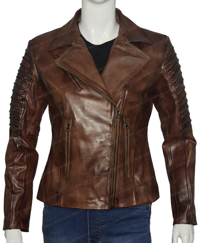 Woman Slim Fit Brown Genuine Real Leather Biker Jacket 