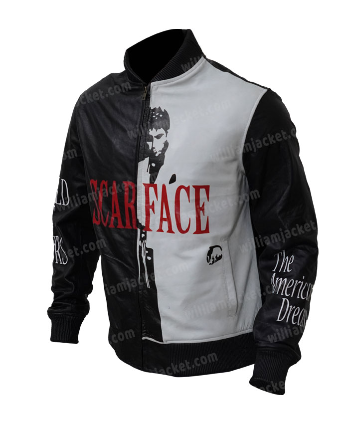 Mens Scarface Leather Jacket Bomber Black & Red - 2XL / Real Leather