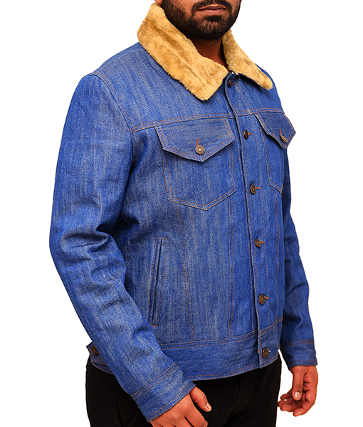 Sandro Shearling-collar Denim Jacket in Blue for Men