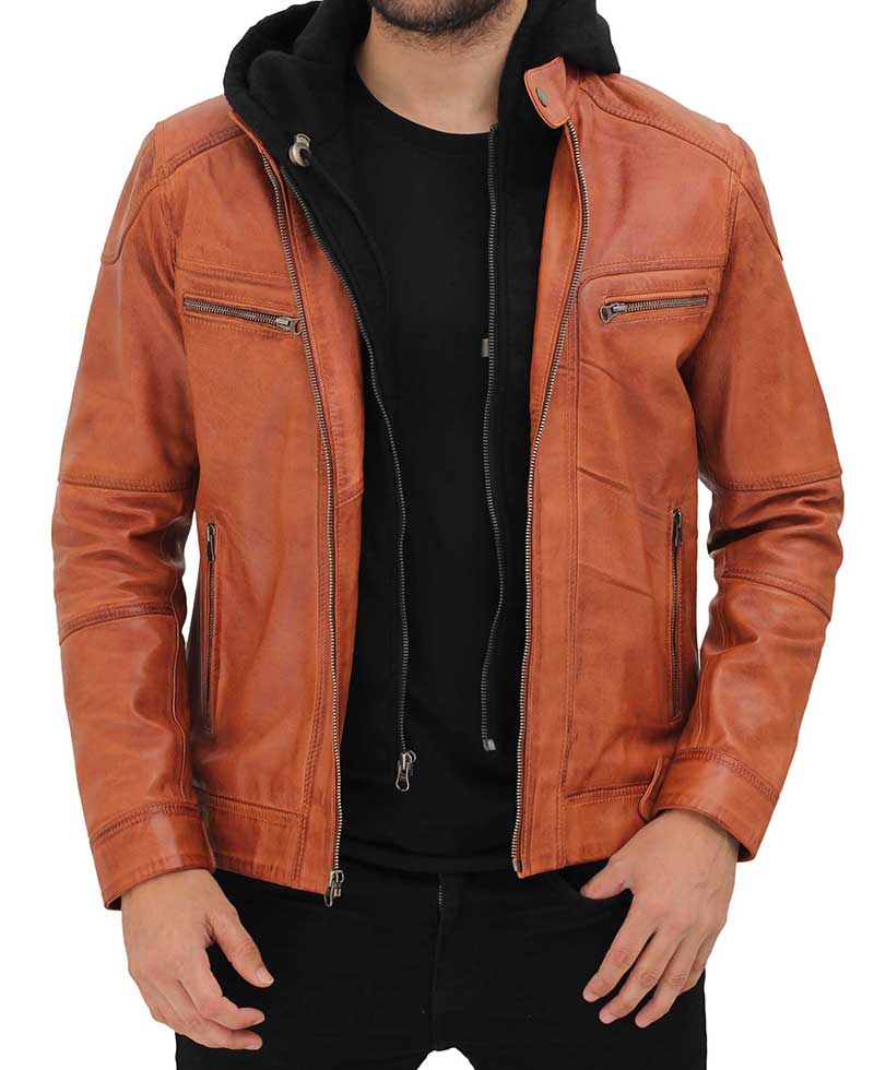 Mens Edward Tan Leather Jacket with Hood | William Jacket