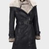 Mid Length Black Shearling Womens Leather Coat