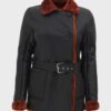 Women's Black Belted Shearling Leather Coat