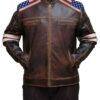 American Flag Shoulders Brown Leather Jacket Front