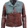 Maeve Wiley Sex Education Fringe Brown Genuine Leather Jacket Front