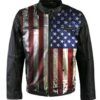 Men & Women Vintage USA Flag Biker Black Leather Jacket Front