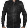 Men's Ferndale Black Leather Bomber Jacket with Hood