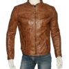 Mens Fitted Tan Brown Real Leather Jacket Zip Close