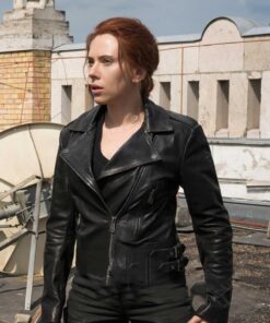 Black Widow 2021 Natasha Romanoff Biker Leather Jacket Front