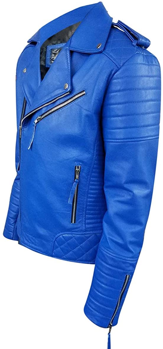 Men's Biker Leather Blue Racer Jacket - Jackets Creator