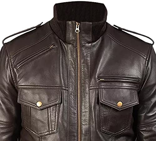 Biker Brown Leather Jacket Rib Knit Collar
