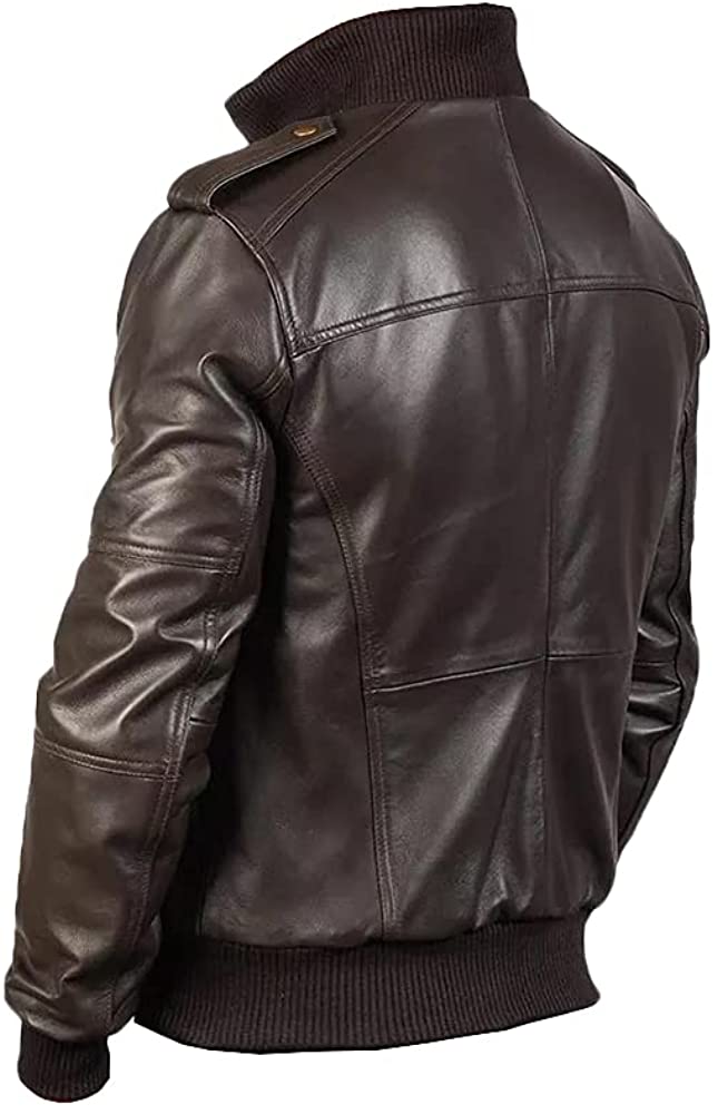 Biker Brown Leather Jacket Rib Knit Collar