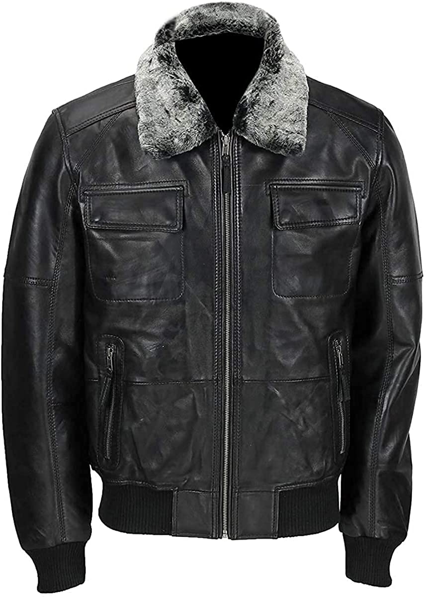 Mens Bomber Fur Collar Vintage Style Black Leather Jacket