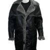 Mens Shearling Fur Collar Black Leather Long Coat Front