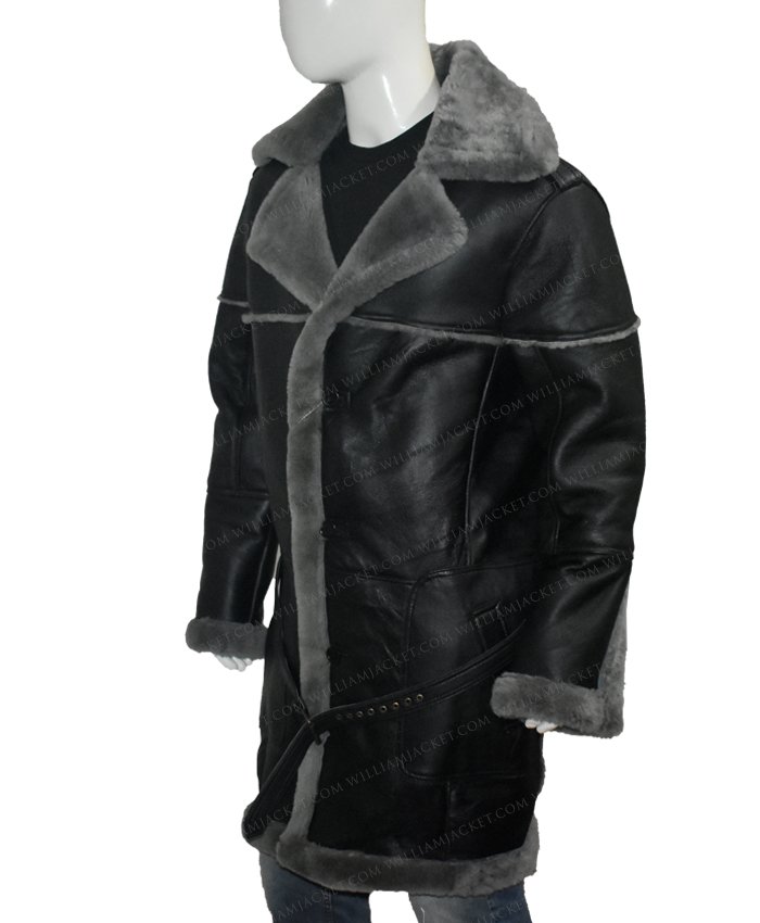 Marcus Shearling Fur Collar Black Sheepskin Coat | William Jacket