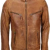 Mens Tan Brown Fitted Biker Leather Jacket