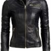 Women Biker Cafe Racer Moto Black Leather Jacket Image