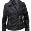 Women Slim Fit Moto Lapel Style Collar Real Leather Black Jacket
