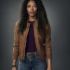 Big Sky Cassie Dewell Tan Brown Suede Leather Bomber Jacket