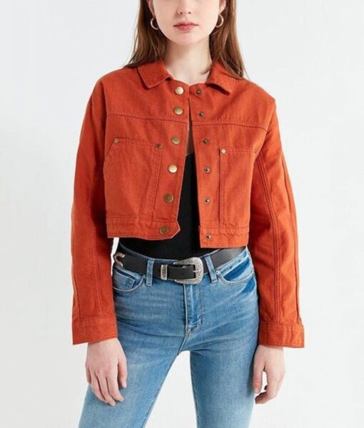 Orange Cropped Denim Jacket With Blue Jeans Pant