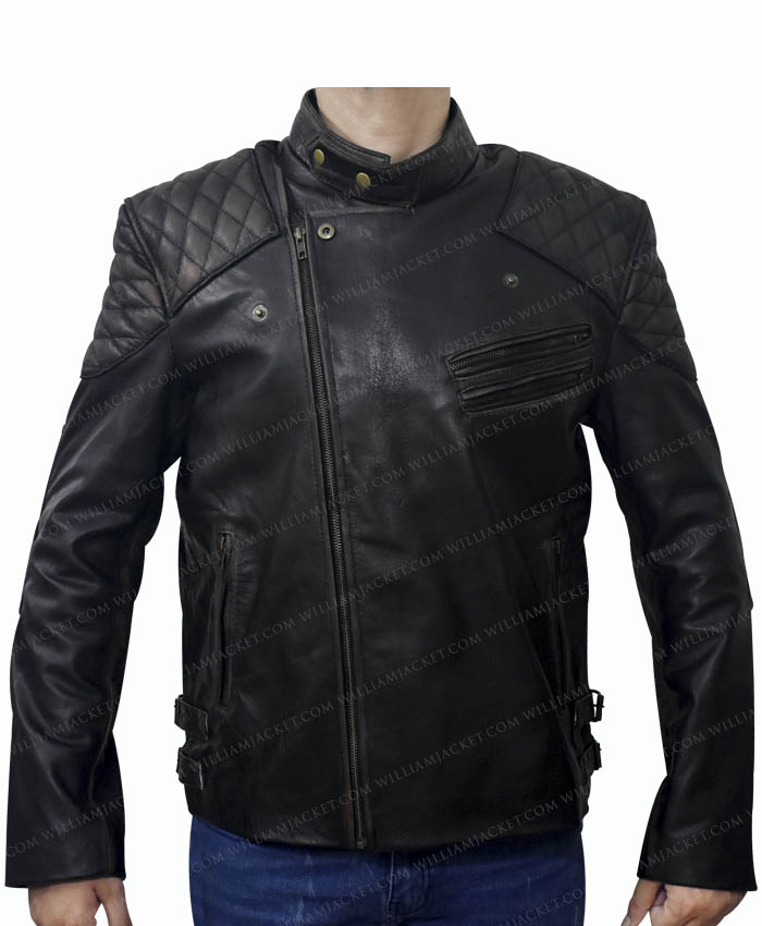 Mens Diamond Quilted Cross Skull and Bones Embossed Vintage Leather Biker Black Jacket 