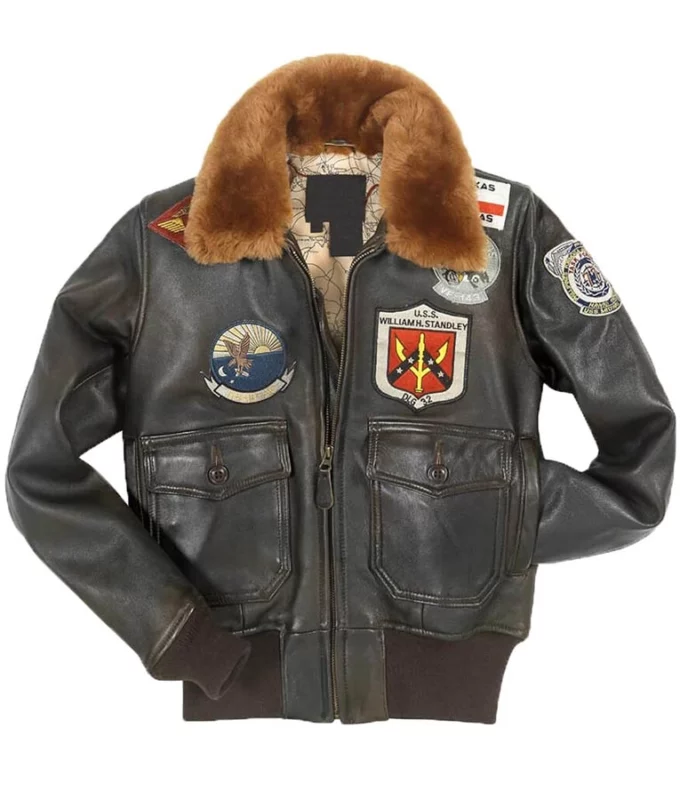 Top Gun Brown Fur Collar Leather Jacket