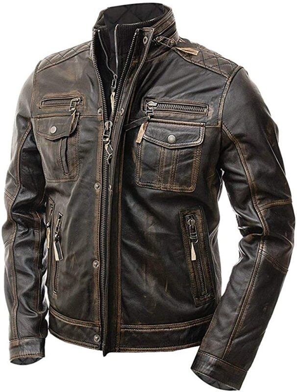 Distressed Brown Cafe Racer Leather Jacket