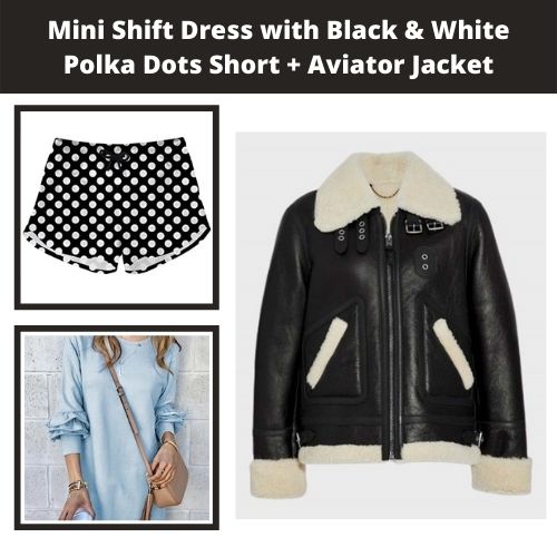 Mini Shift Dress with Black and White Polka Dots Short with Aviator Jacket
