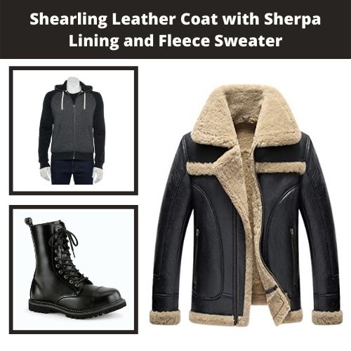 Shearling Leather Coat with Sherpa Lining and Fleece Sweater