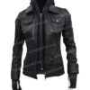 Womens Real Leather Zip Up Biker Slimfit Hooded Jacket