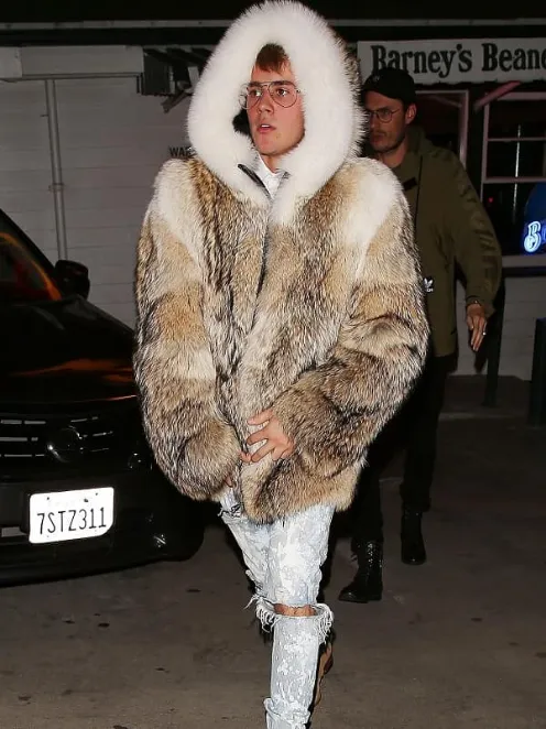 Justin Bieber Brown and White Mink Fur Hooded Coat - William Jacket