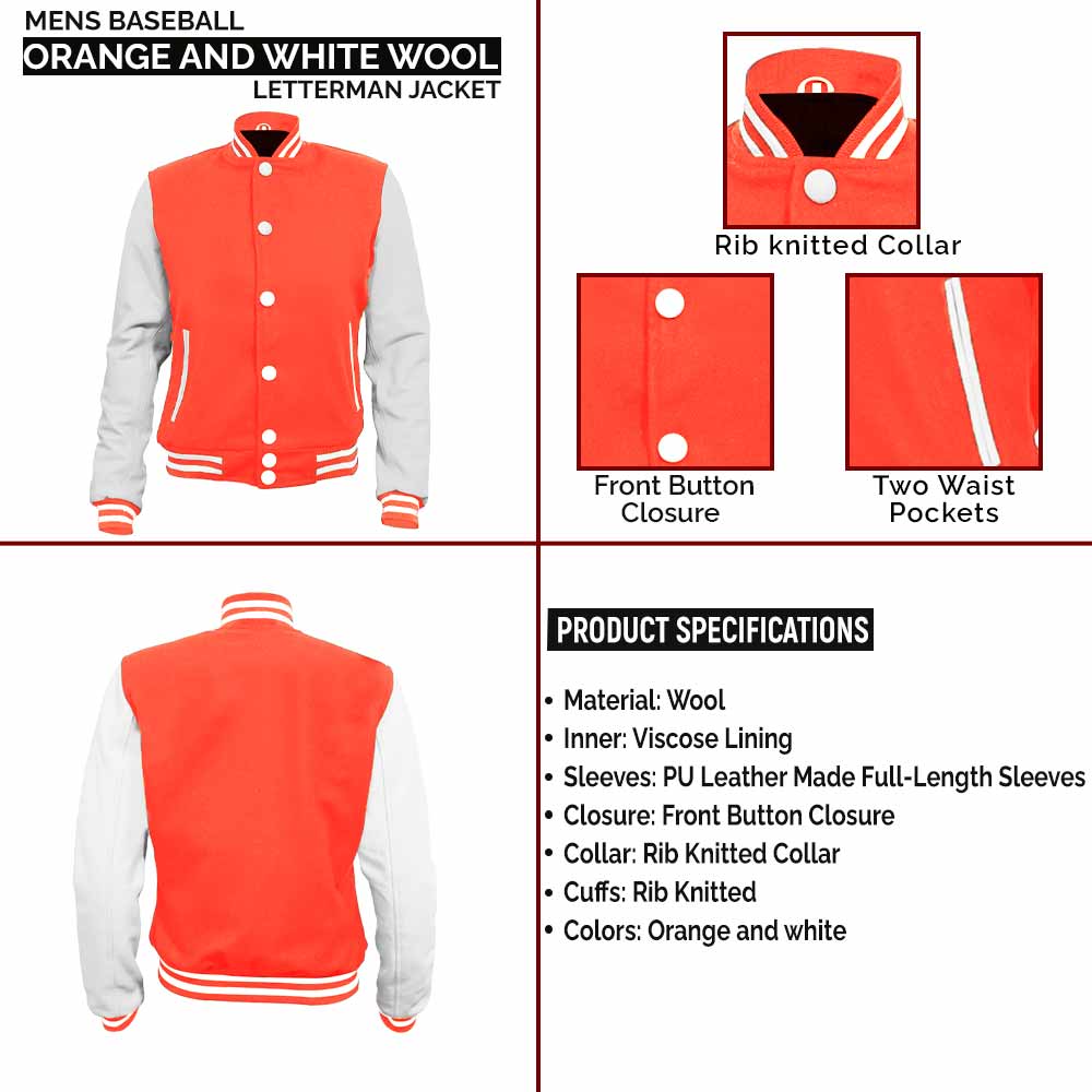 Mens Baseball Orange and White Wool Letterman Jacket William infographic