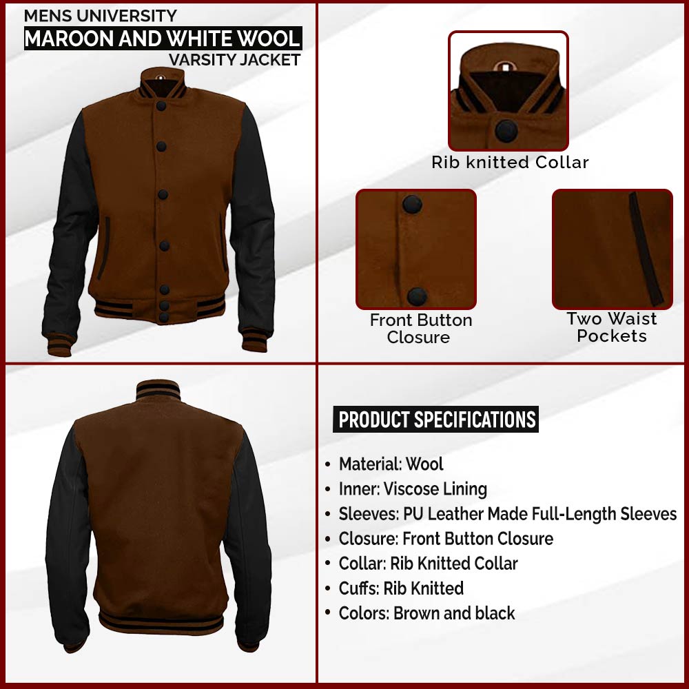 Mens College Brown and Black Wool Letterman Jacket infographic