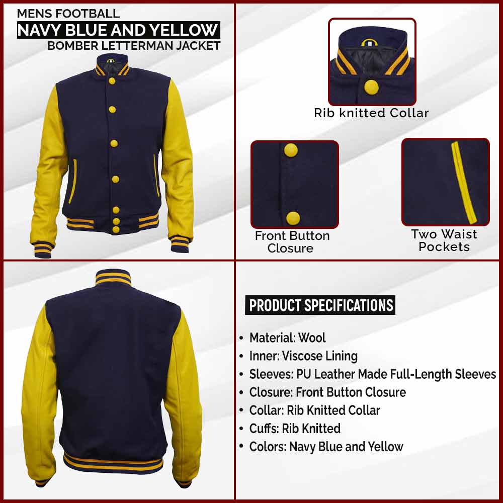 Mens Football Navy Blue and Yellow Bomber Letterman Jacket William infographic