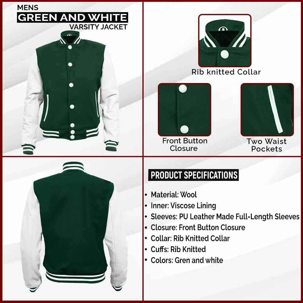 Mens Green and White High School Football Varsity Jacket infographic