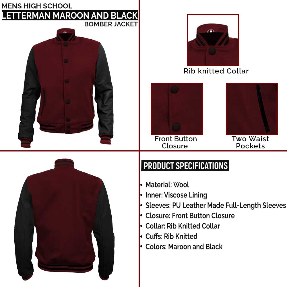 Mens High School Letterman Maroon and Black Bomber Jacket infographic